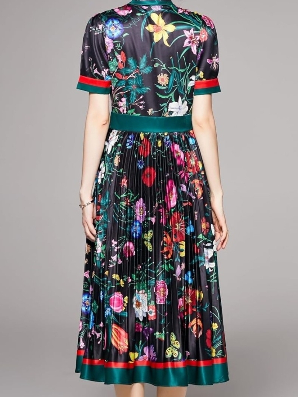 Floral Pleated Midi Dress in Black with Multicolor Print